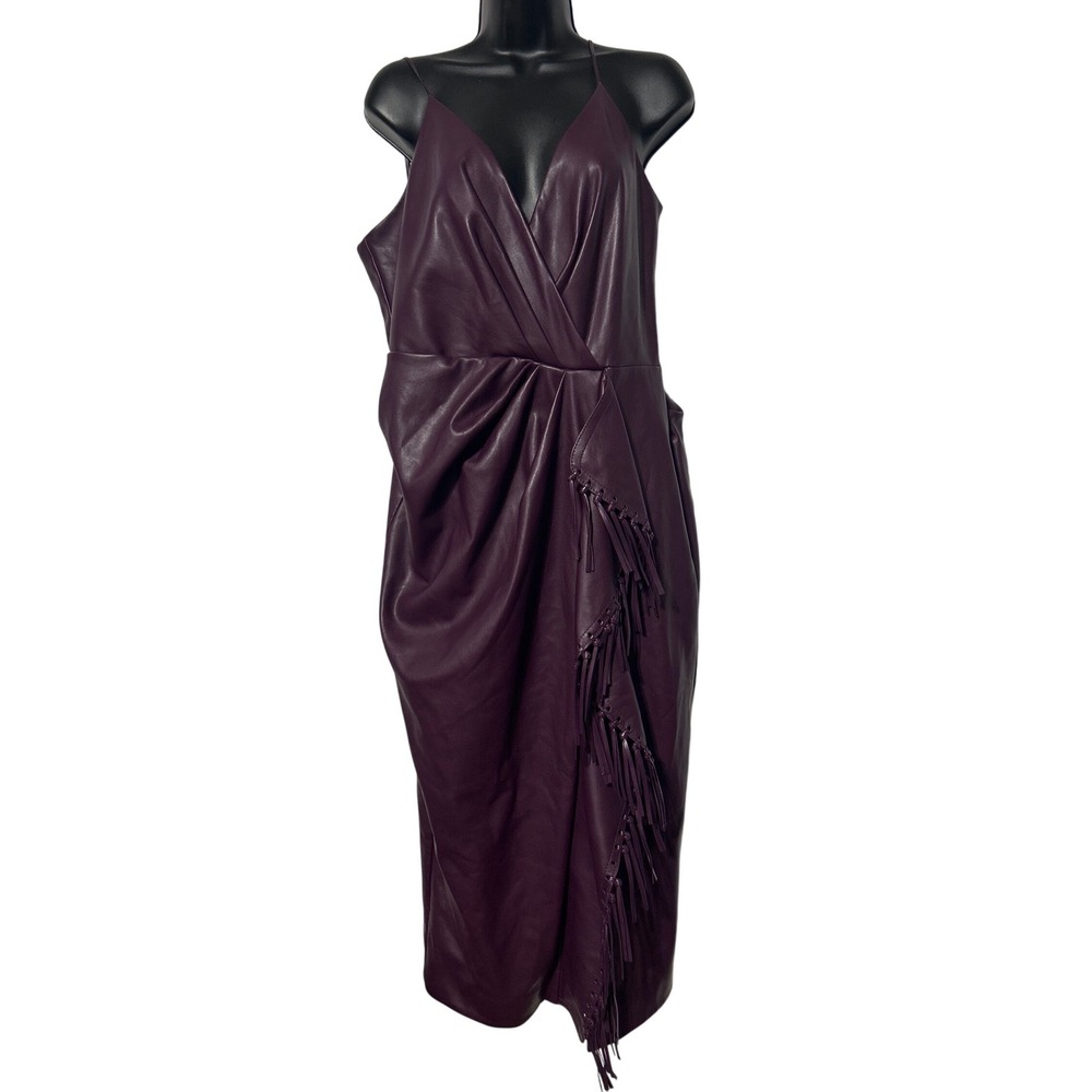 SIMKHAI Jonathan Simkhai Plum Vegan Leather Faux‎ Wrap Fringe Midi Dress Size 14